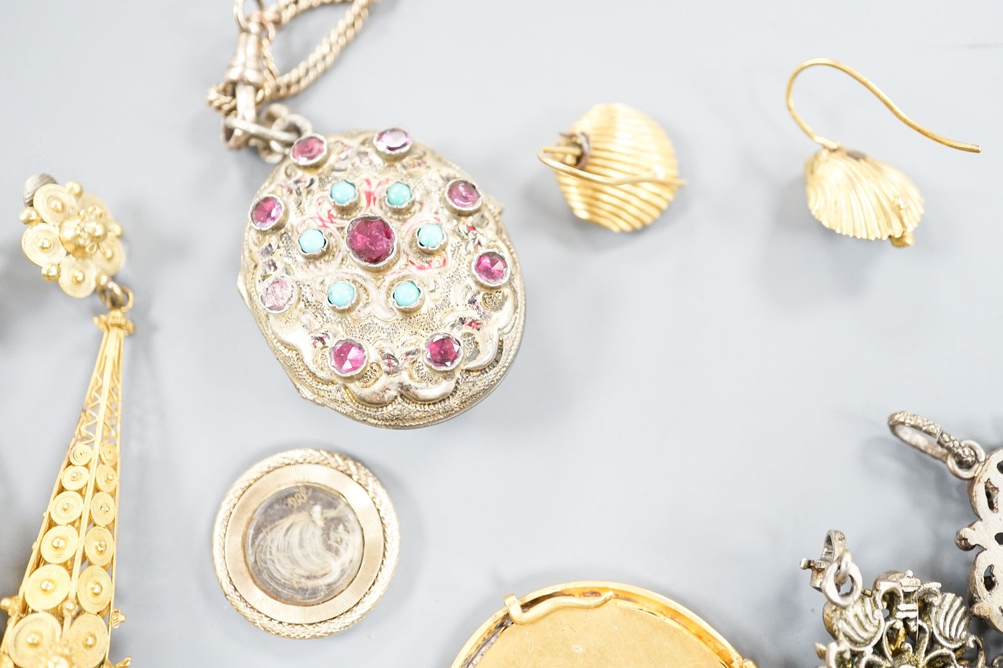 Mixed Victorian and later jewellery, including a pair of yellow metal cannettile work drop ear clips, overall 75mm, gross 12 grams (adapted), paste set locket and pendants, a William IV mourning pendant(a.f.),pair of yel